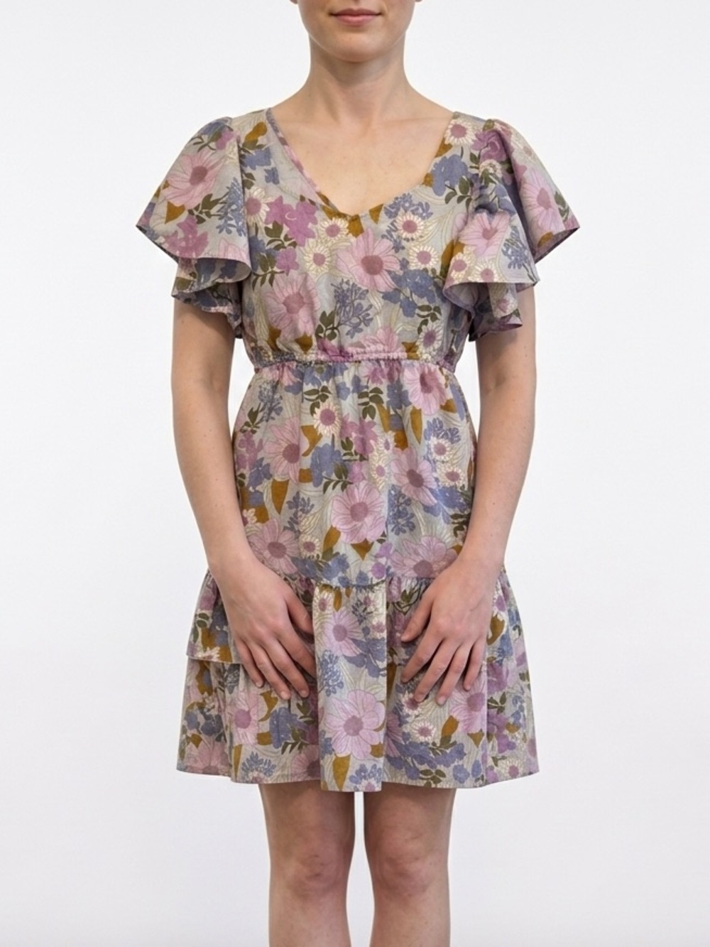 Floral Ruffle Mini Dress in Pink & Blue